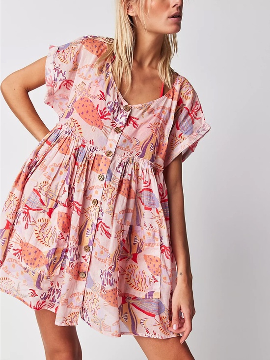 Free People Dresses & Skirts - Free People Oceana Mini Dress Pink Fish Print Babydoll Button Up size Small